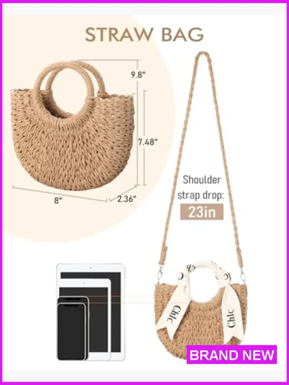 Woven Straw Crossbody Bag Hobo Shoulder Purse Summer Beach Vacation Y2K - Picture 6 of 7